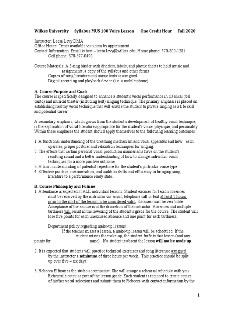 Wilkes University Syllabus MUS 100 Voice Lesson One Credit Hour Fall ...