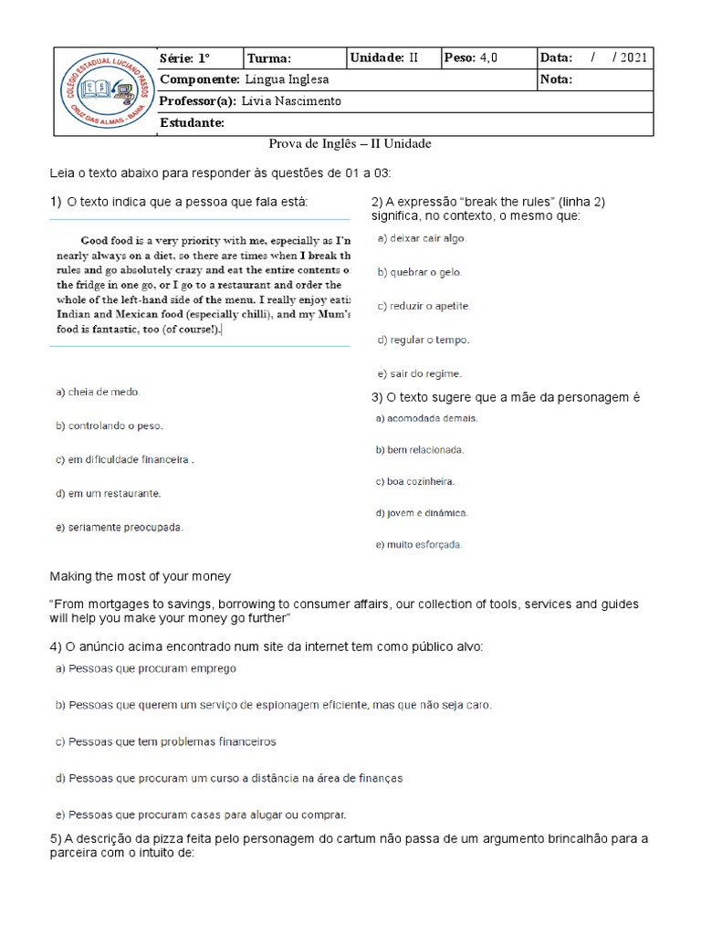Prova de Inglês - 1º Ano Fundamental | PDF