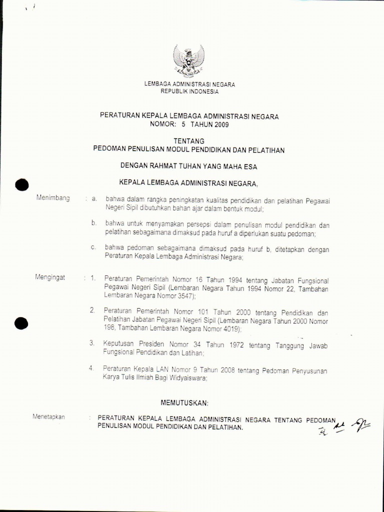 Peraturan Kepala LAN Nomor 5 Tahun 2009 Tentang Pedoman Penulisan Modul