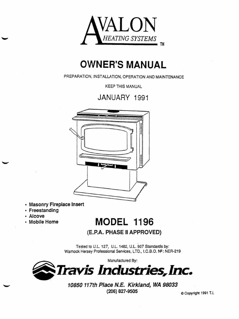 Avalon Wood Stove Model 1196 Owners Manual | PDF | Chimney | Screw