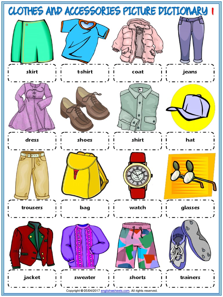 Clothes and Accessories Vocabulary Esl Picture Dictionary Worksheets ...