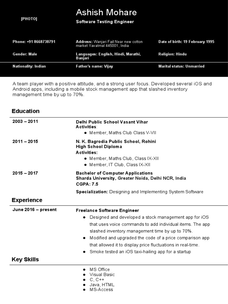 Software Engineer Biodata Summary | PDF