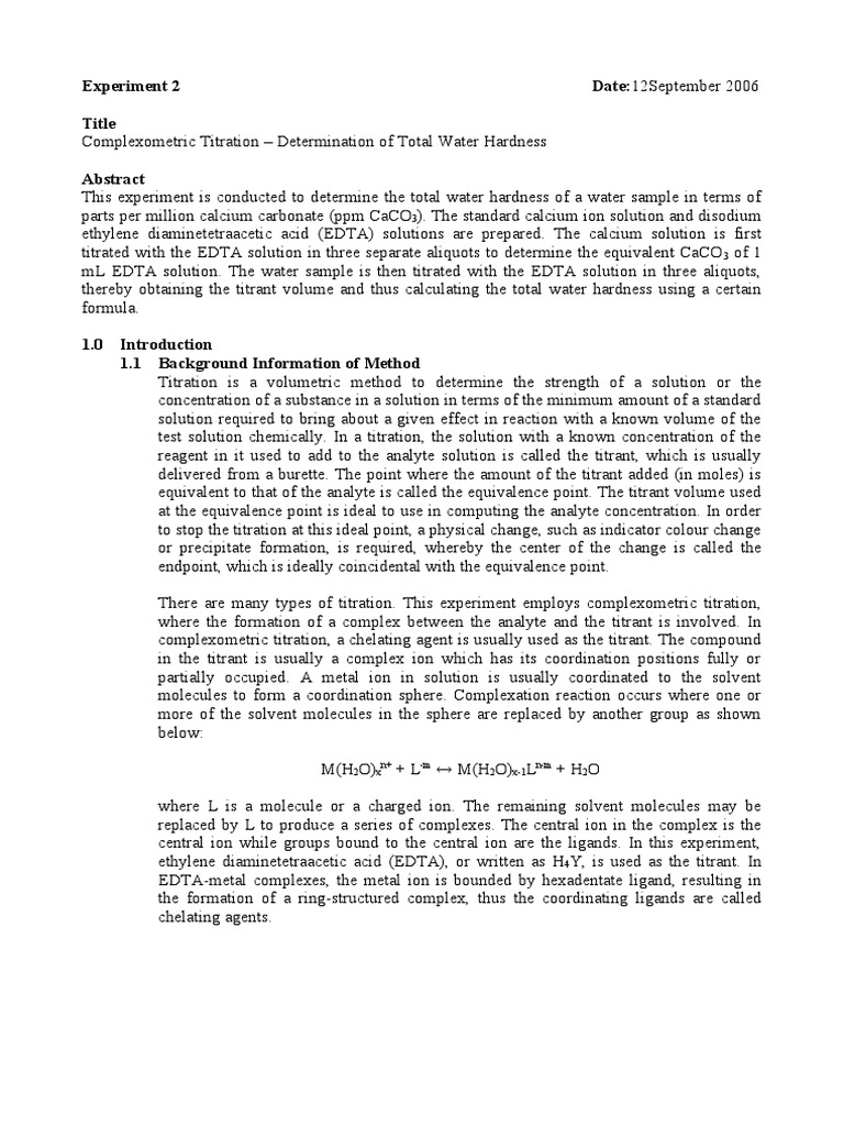 Complexometric Lab Report Experiment 02 PDF Chemistry Titration