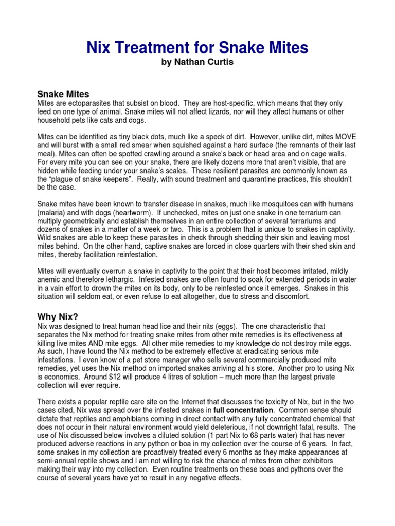 Reptiles Snakes Onix Nix Treatment For Snake Mites PDF Snake
