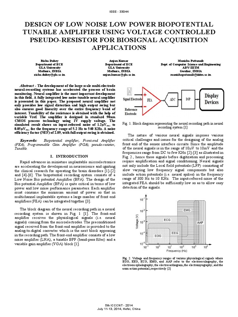Design of Low Noise Low Power Biopotential Tunable Amplifier Using