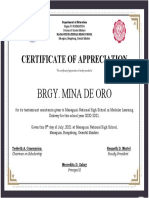 Certificate of Appreciation: Brgy. Mina de Oro