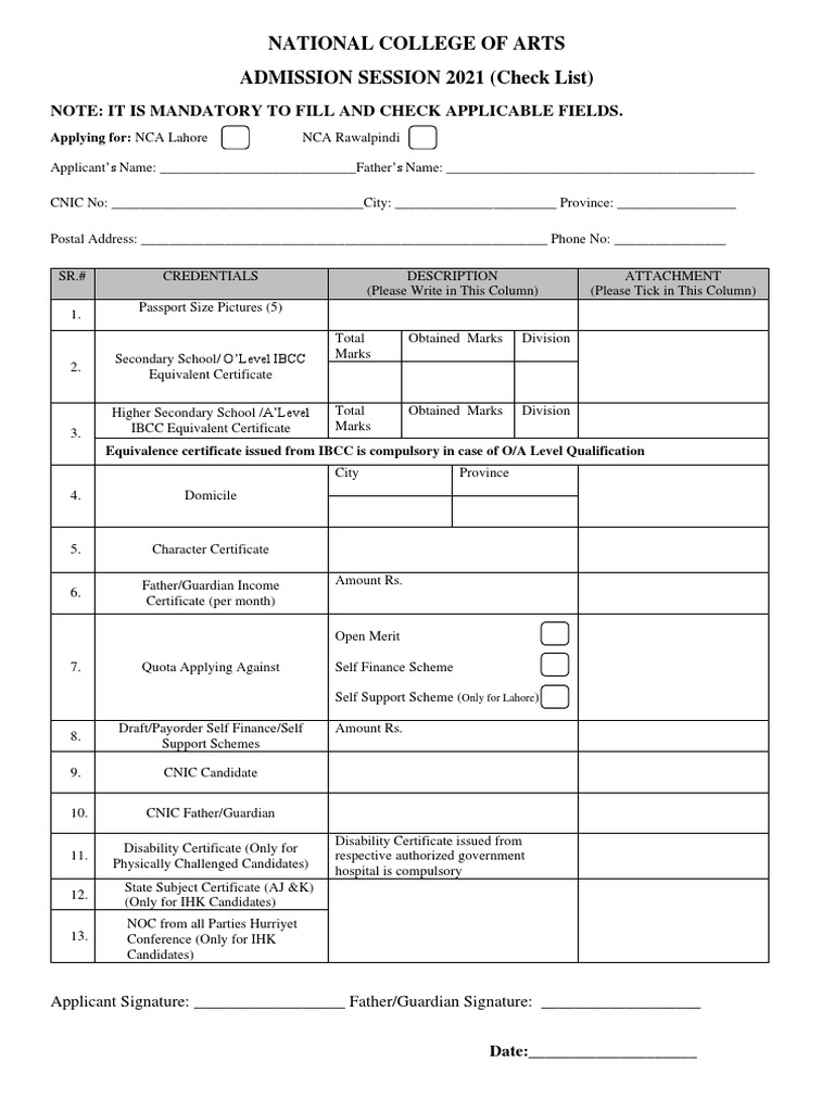 NCA Admission Form Checklist 2021 | PDF | University And College ...