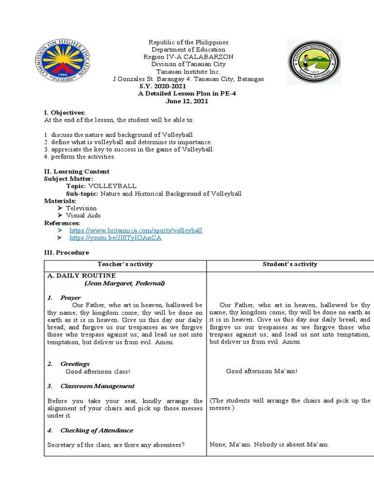 Lesson Plan In Volleyball Pdf Volleyball