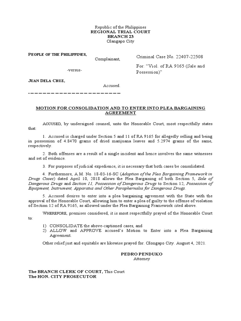 Motion for Plea Bargaining Agreement | PDF | Plea Bargain | Plea