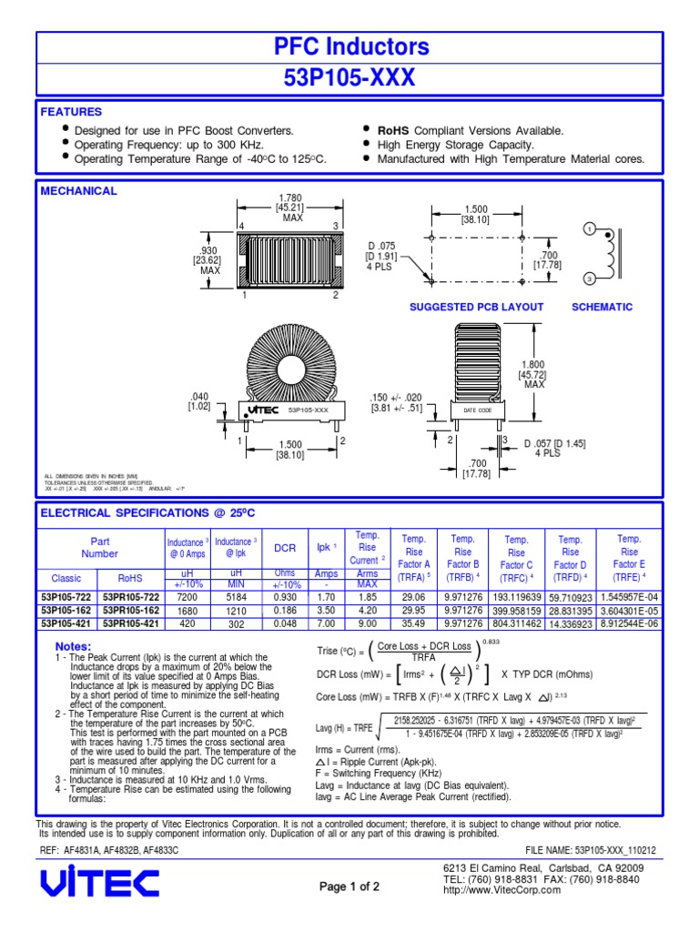 Technical Specifications and Performance Graphs for PFC Inductors