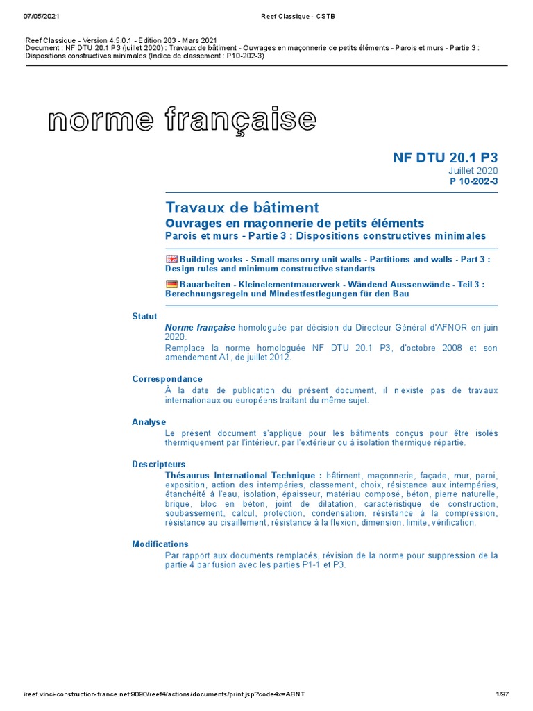 DTU 20.1 P3 Travaux de Batiment - Ouvrages en Maçonnerie de Petits ...