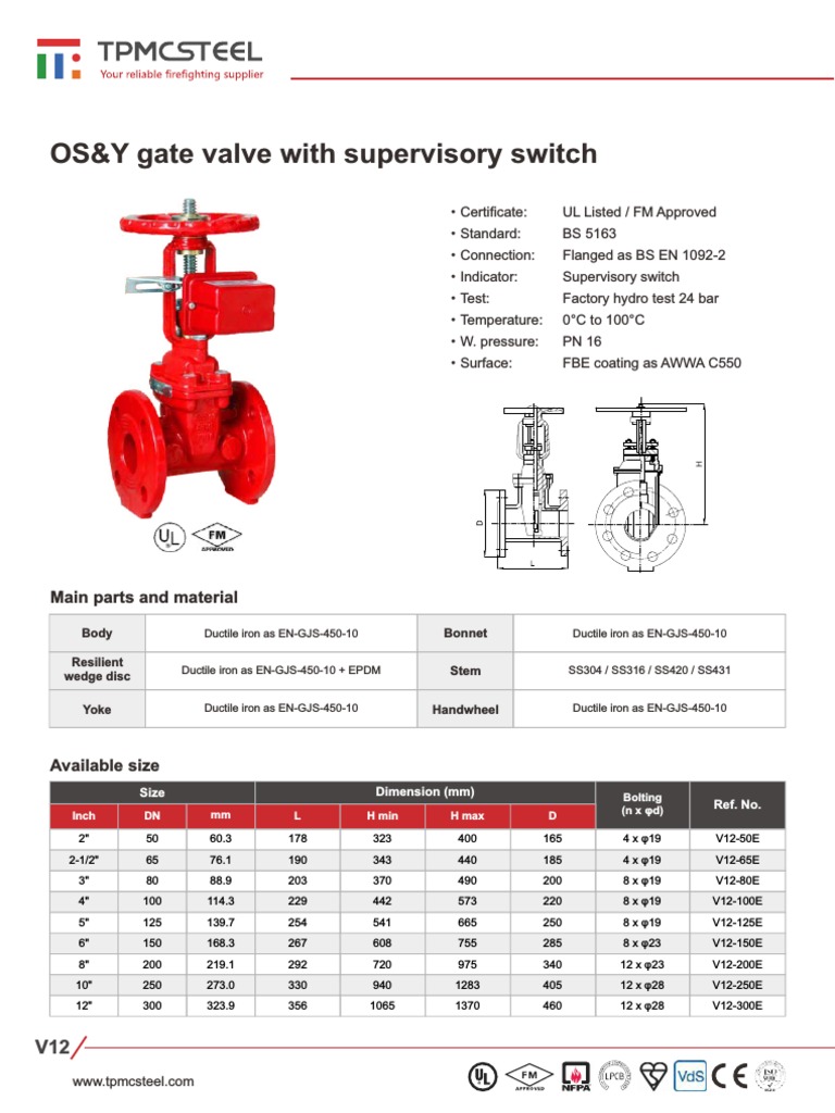 OS&Y Gate Valve With Supervisory Switch Main Parts and Material PDF