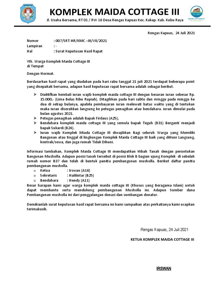 Surat Keputusan Hasil Rapat | PDF