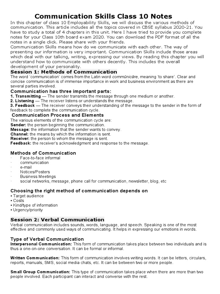 COMMUNICATION SKILLS PDF NOTES CLASS 10 intelligence overview