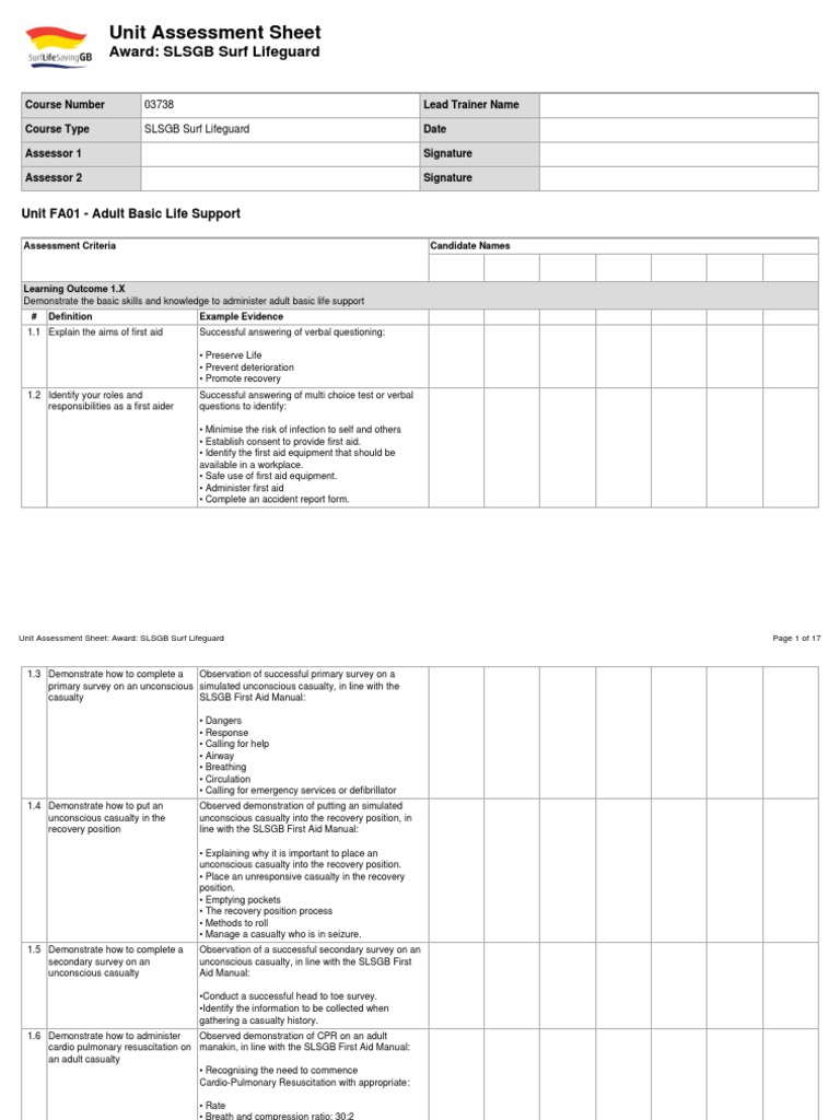 Unit Assessment Sheet: Award: SLSGB Surf Lifeguard | PDF | First Aid ...