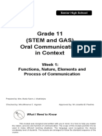 Grade 11 (STEM and GAS) Oral Communication in Context: Week 1: Functions, Nature, Elements and Process of Communication
