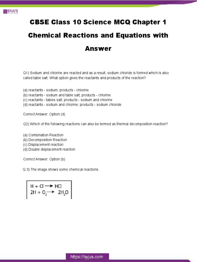 CBSE Class 10 Science MCQ Chapter 1 Chemical Reactions and Equations ...