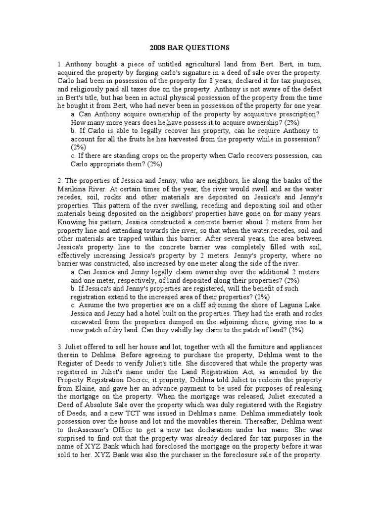 2008 2009 2019 Bar Questions PDF Mortgage Law Title (Property)