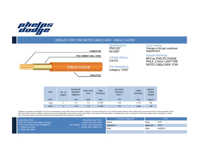 TDS Fire Rated Cable 600V - Single Layer | PDF | Electric Power | Equipment