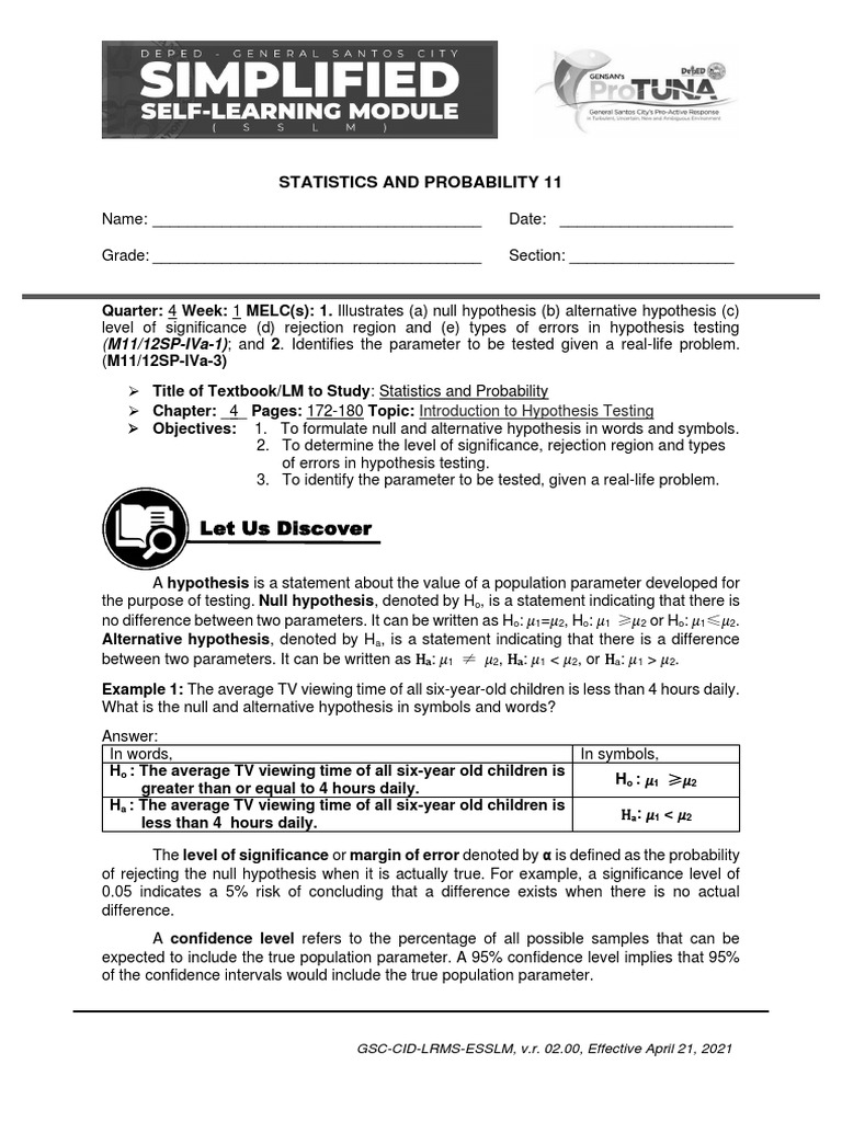 Stat 11 Q4 Week 1-SSLM | PDF | Statistical Hypothesis Testing | Type I ...