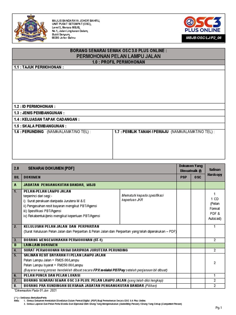 4 Mbjb Osc Lj P2 6 Borang Senarai Semak Permohonan Pelan Lampu Jalan Pdf