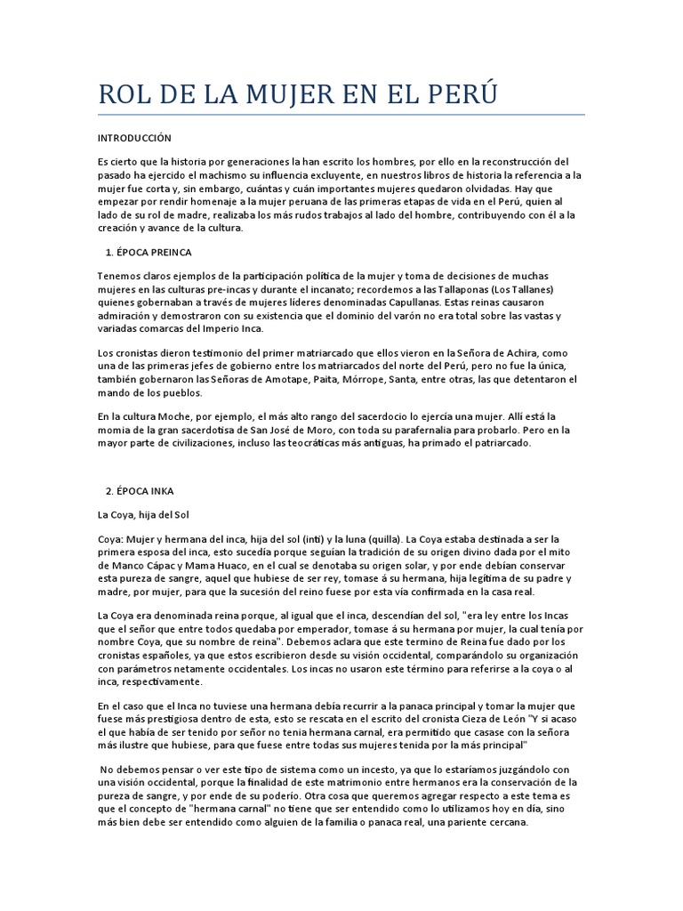 Rol de la Mujer en el Tahuantinsuyo | PDF | Imperio Inca | Mujer