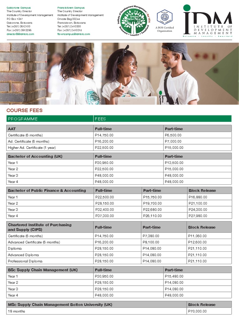 Course Fees Schedule for Various Programs Offered by the Institute of