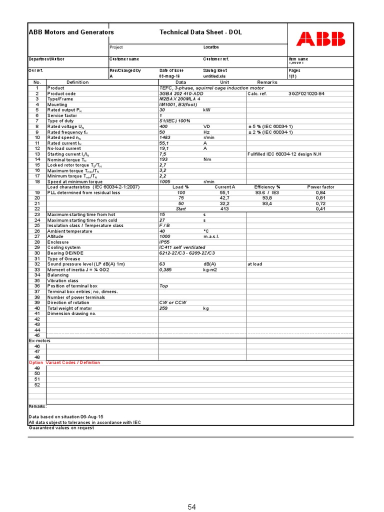 ABB Motors and Generators Technical Data Sheet - DOL: No. Data Unit ...
