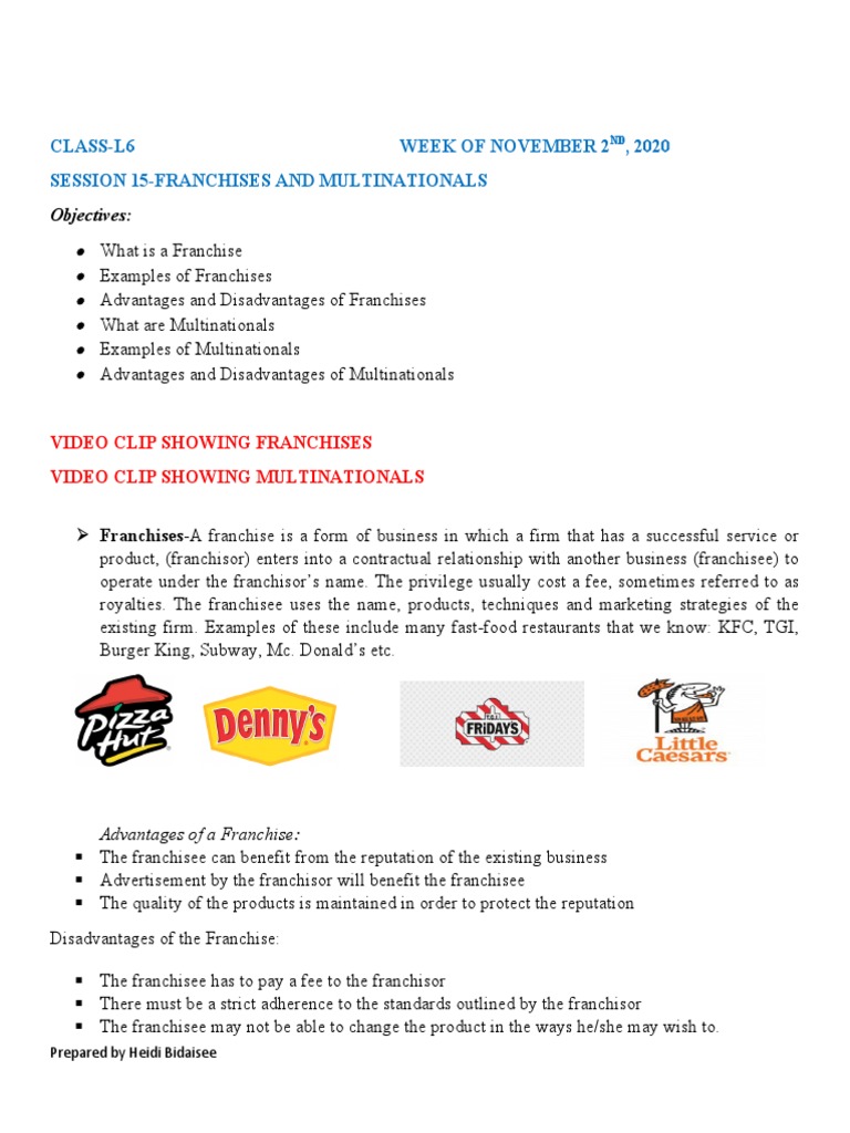Session 5 and Session 6 For L6Frnchises and Multinationals Holding Co