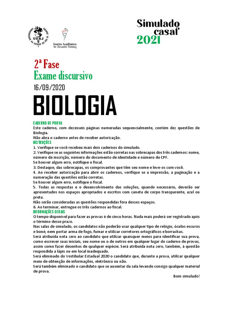 Simulado de Biologia CASAF 2021 | PDF | Célula (Biologia) | Epiderme