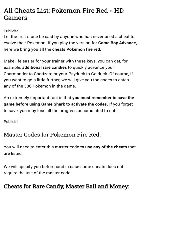 All Cheats List - Pokemon Fire Red HD | PDF Nintendo Franchises | Pokémon