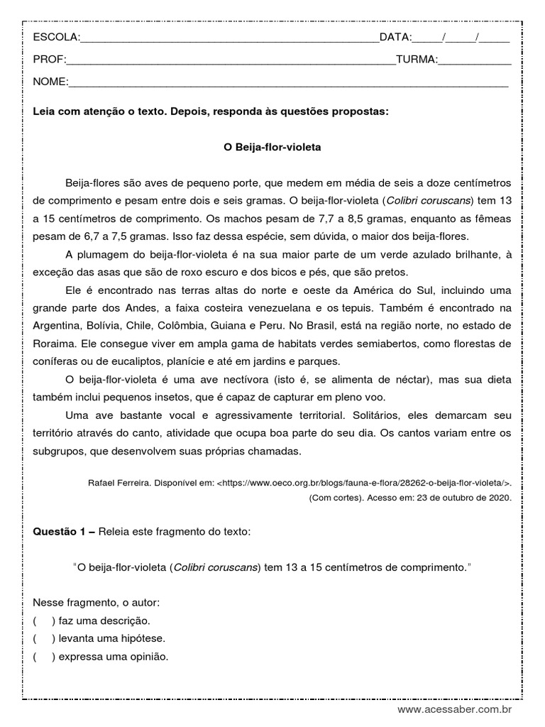 Interpretacao de Texto O Beija Flor Violeta 8o Ano PDF | PDF | Aves ...