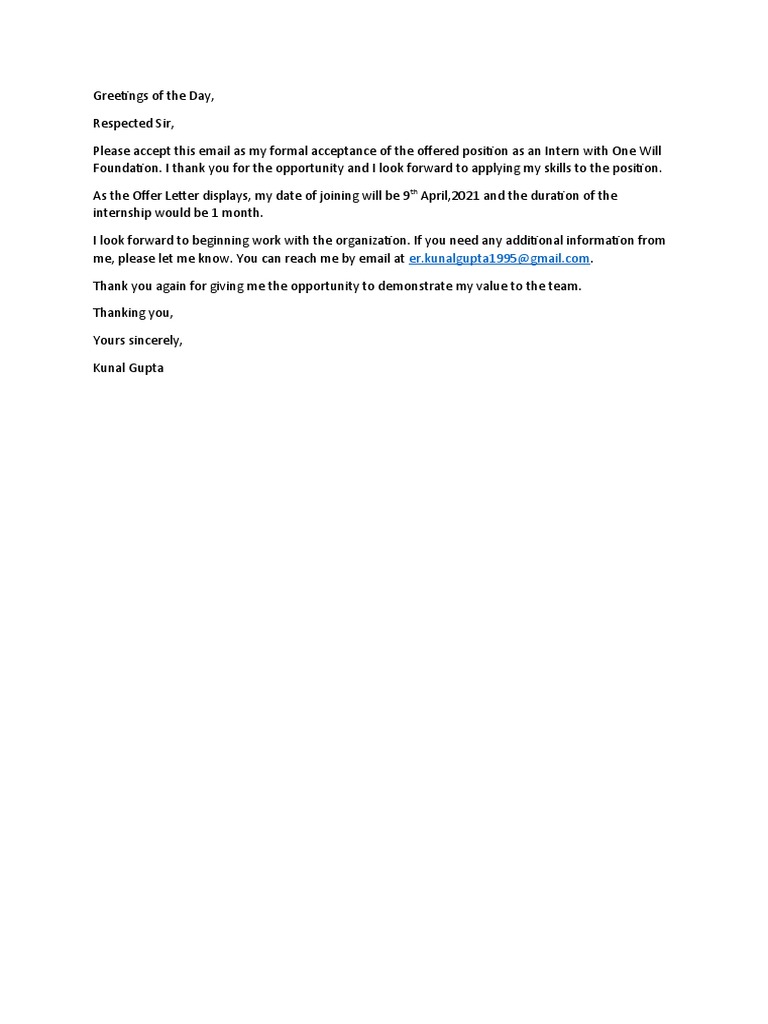 how to reply email with signed offer letter sample