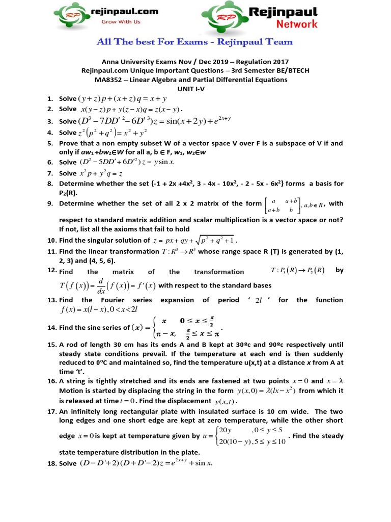 Anna Univ 2019 Linear Algebra Exam Qs | PDF | Vector Space | Mathematics
