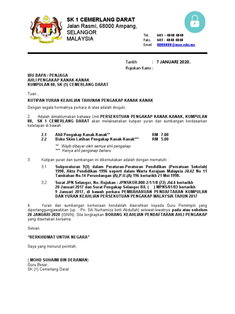 Contoh Surat Kutipan Yuran Kelab Tidak Ada Tanda Tangan