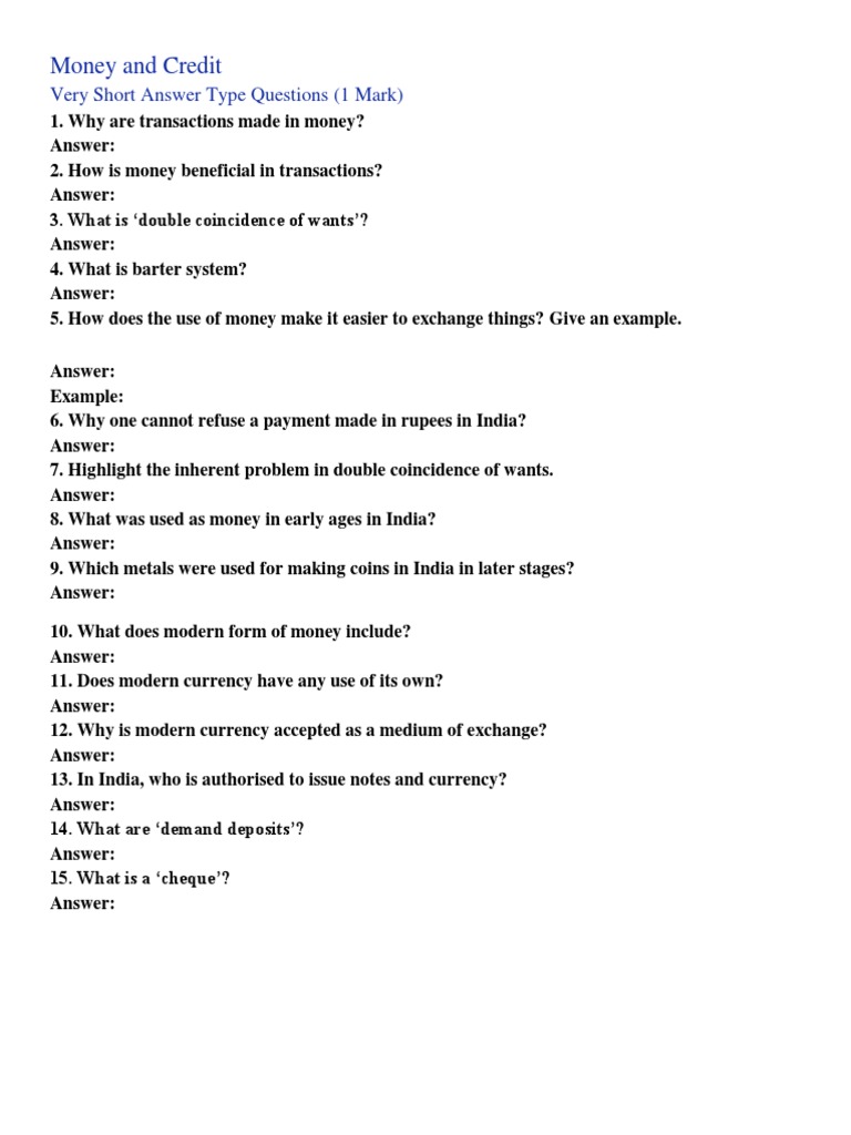 Money and Credit: Very Short Answer Type Questions (1 Mark) | PDF | Travel