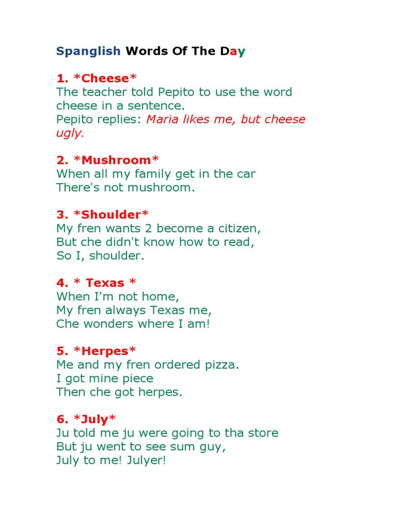 Spanglish Word Examples and Sentences | PDF