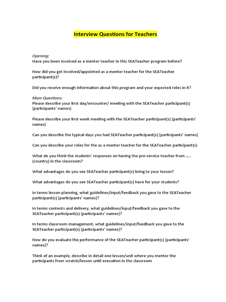 SEATeacher Mentor Interview Guide | PDF | Career & Growth