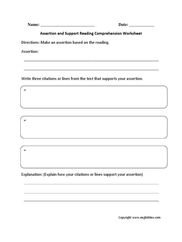 Name: - Date: - Assertion and Support Reading Comprehension Worksheet ...