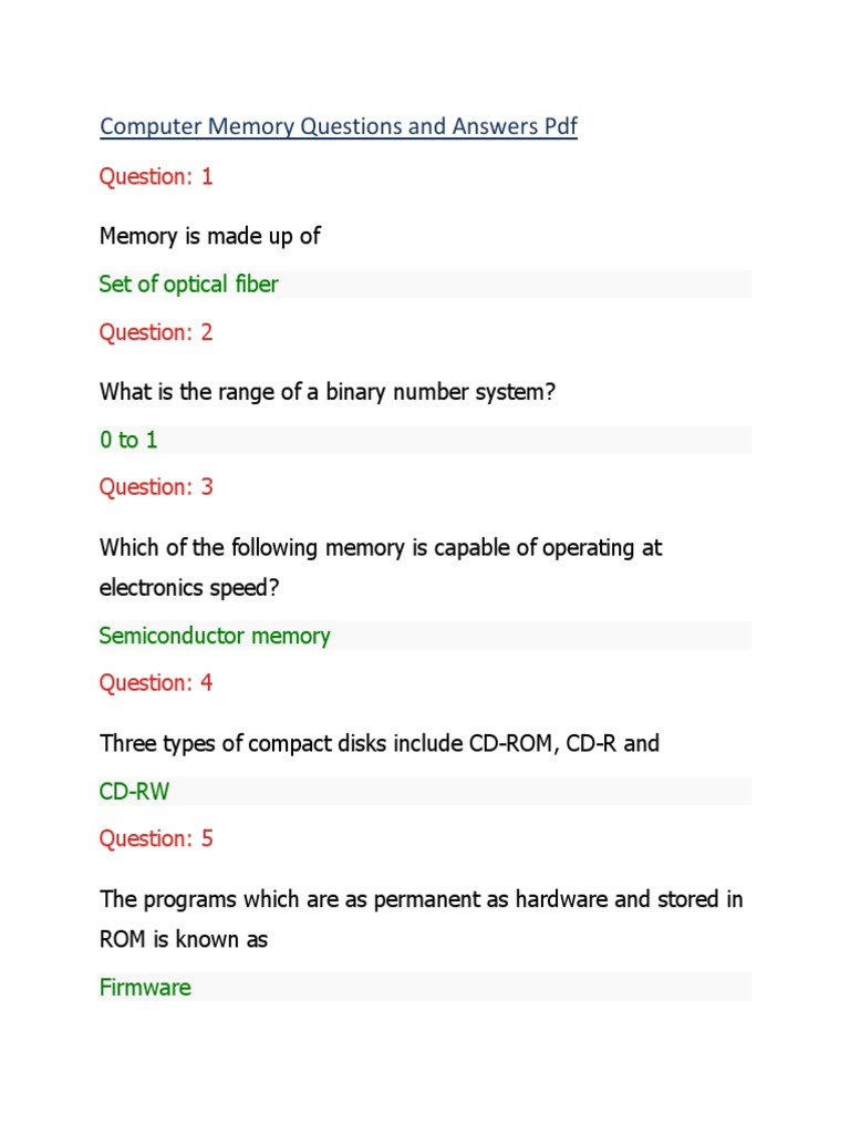 Computer Memory Questions and Answers PDF