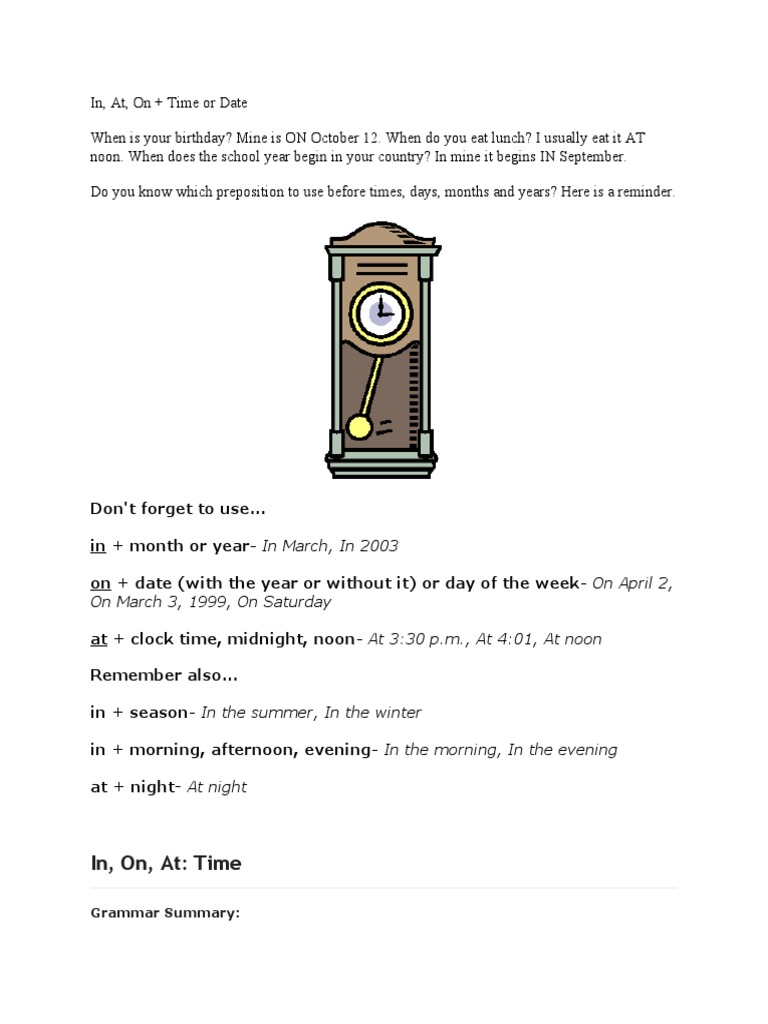 Prepositions for Time: In, On, At Guide | PDF | Hour
