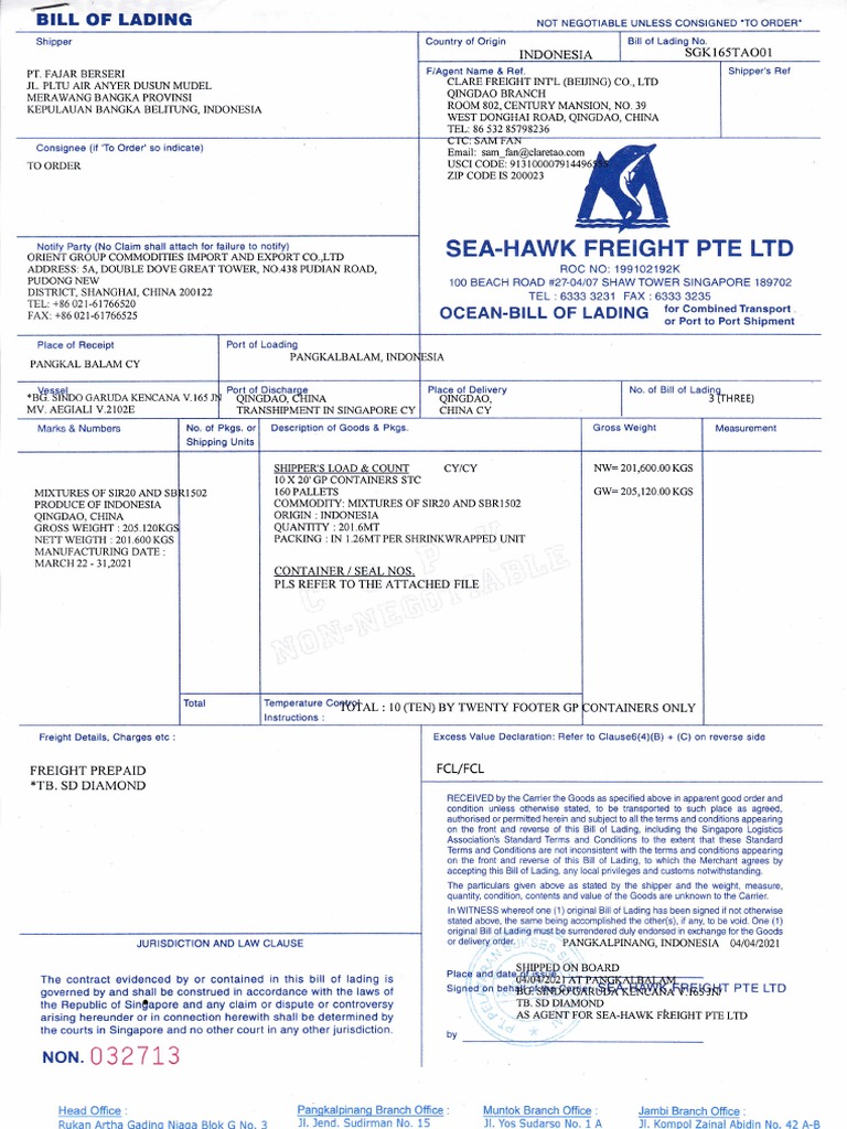Sea - Hawk: Freight Pte | PDF | Bill Of Lading | Cargo