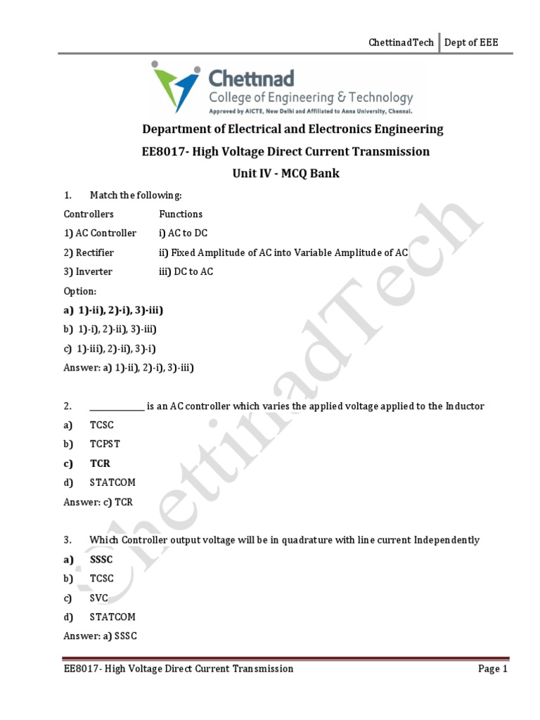 MCQ Bank on High Voltage Direct Current Transmission Topics Including