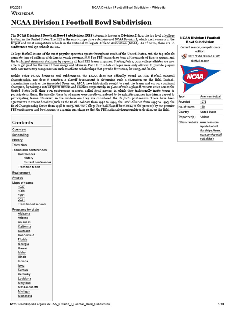 NCAA Division I Football Bowl Subdivision Wikipedia PDF Ncaa