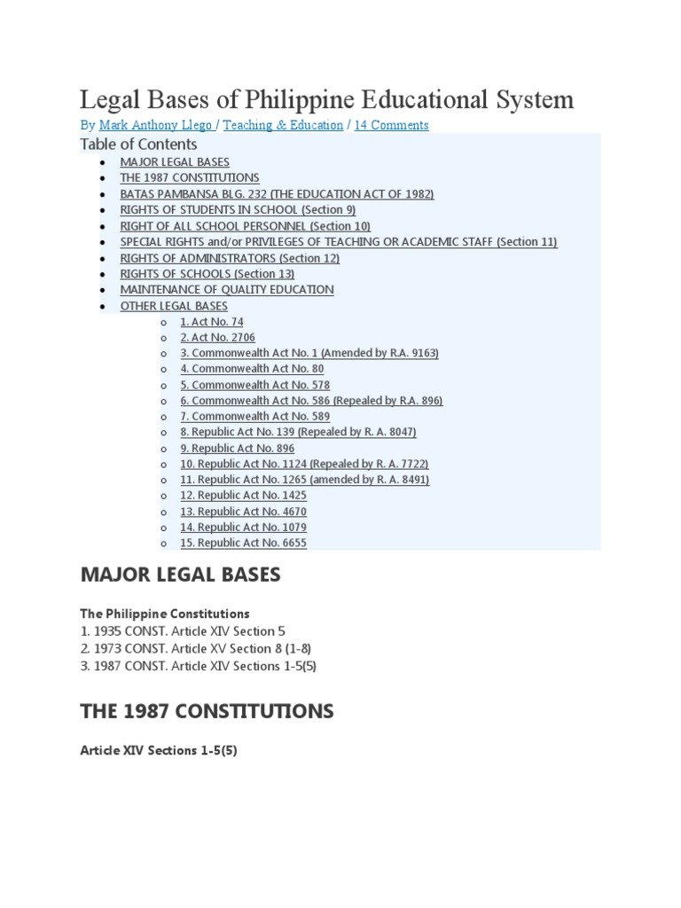 Legal Framework of Philippine Education | PDF | Teachers | Schools