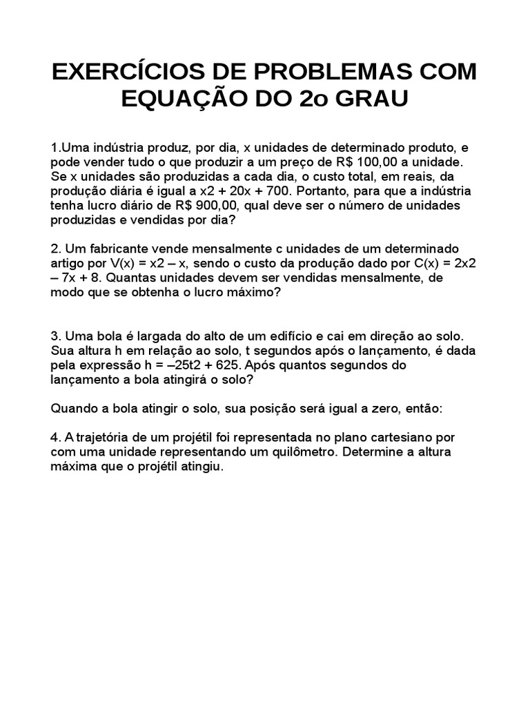 Exercícios de Equação do 2º Grau | PDF