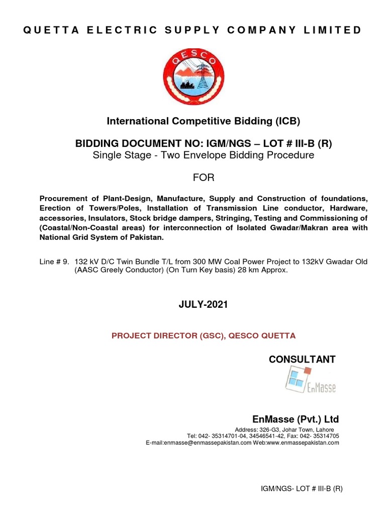 Single stage two envelope bidding procedure for quetta electric