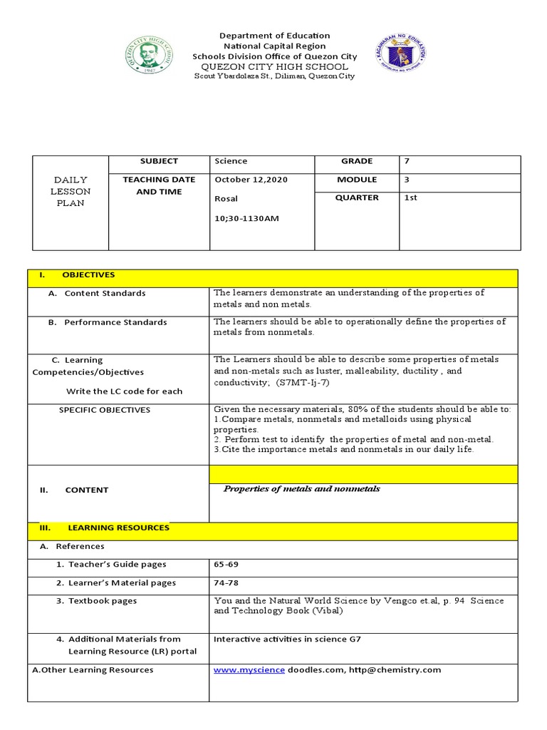 COT 1 DLL Metals and Non MetalsNew Normal PDF Metals Ductility