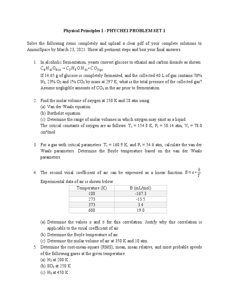 Physical Principles 1 - Problem Set 1 | PDF | Gases | Carbon Dioxide