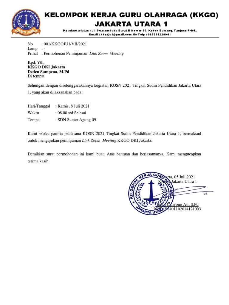 Surat Permohonan Peminjaman Akun Zoom Meeting | PDF